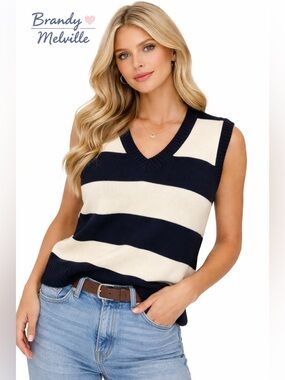Brandy Melville Navy & Cream Striped V-Neck Sweater Vest